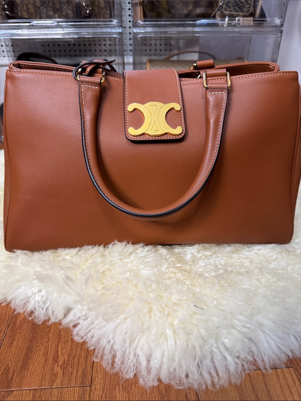 Celine Brown Leather Satchel with Gold Logo Accent
